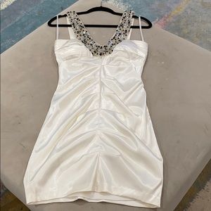 Silk mini dress w elegant beading at the neckline